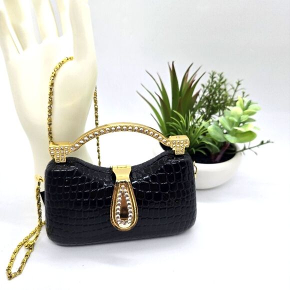 Vintage Little Black Evening Bag/Gold Handle/chain-alligator Pattern Handbag - Picture 1 of 6